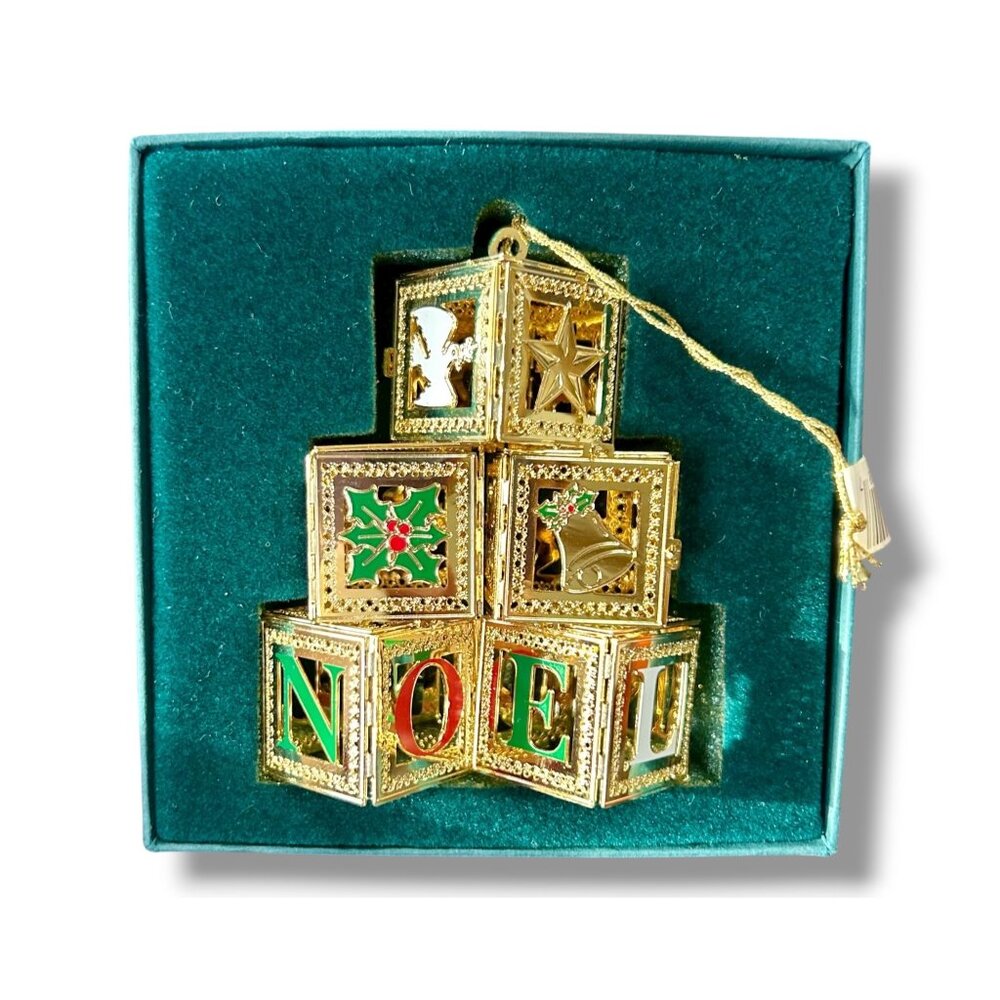 BALDWIN BRASS NOEL BLOCKS RETIRED ORNAMENT in box Gold Christmas Decoration
